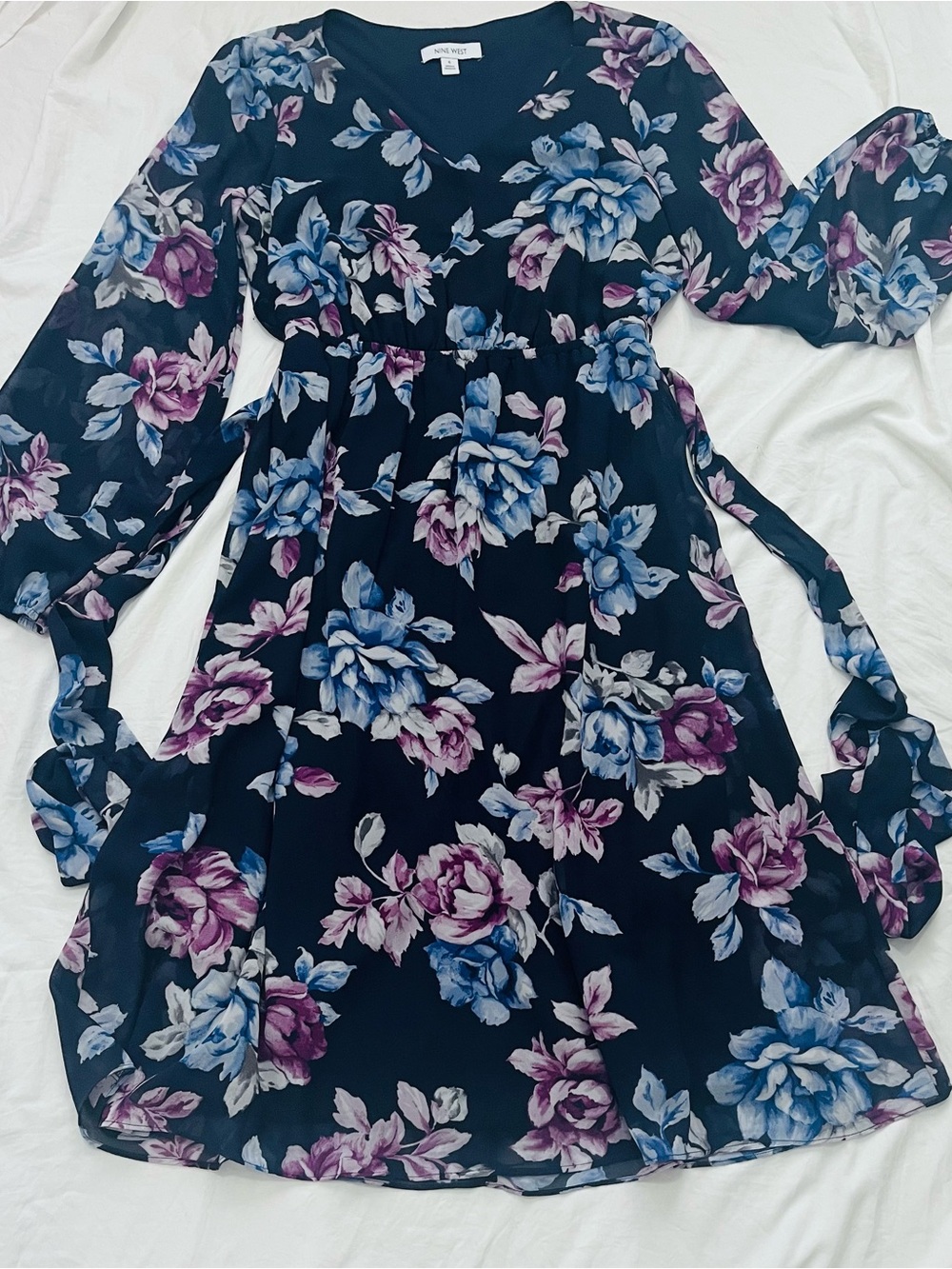 Nine West Black Midi Dress with Blue and Purple Floral Print